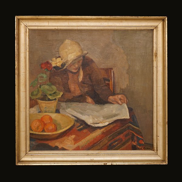 Carl Fischer, 1876-1953:  Woman reading. Signed. Oil on canvas. Visible size: 
67x68cm. With frame: 55x56cm