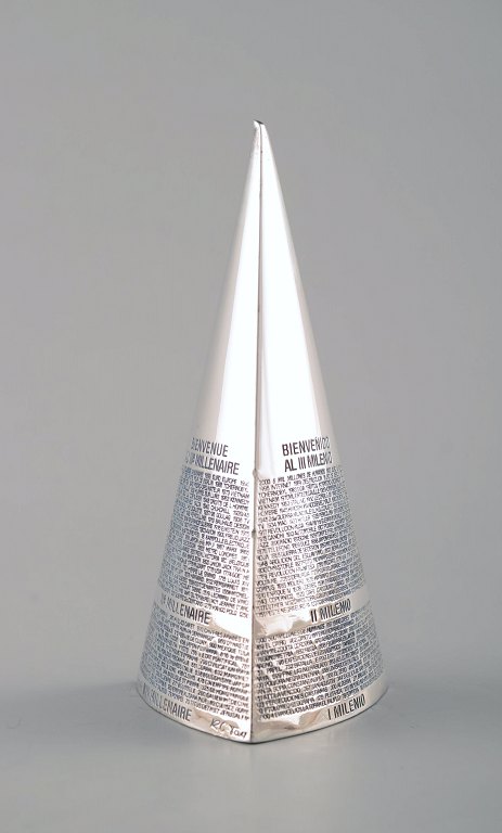 Rare Claude Picasso for Christofle. "Welcome to the 3rd Millennium". Cone-shaped sculpture / paper weight.