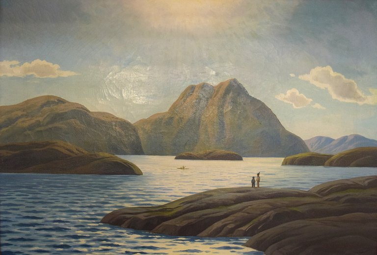 Emanuel A. Petersen (f. 1894, d. 1948). Upernavik, Grønland. Olie på lærred. Solnedgang over bugten.