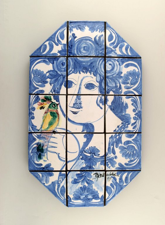 BJØRN WIINBLAD. The blue house.Very rare large wall plaque, decorated in blue with woman and bird.