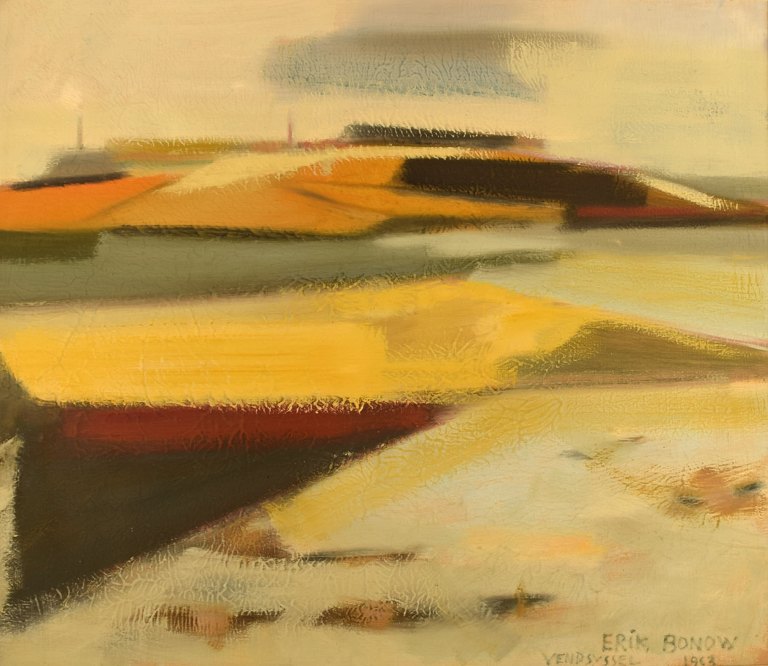 Erik Bonow, Danish painter. Oil on canvas. "Vendsyssel", 1963.Modernist landscape.