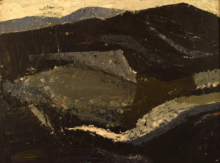 Frank Hammershøj (b. 1940, d. 2013), danish painter. Oil on board.Modernist landscape with mountains. 1960