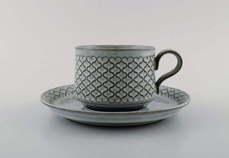 Bing & Grondahl number 475. Set of 3 large tea cups with saucers.B & G Grey Cordial Quistgaard Nissen Kronjyden stoneware .