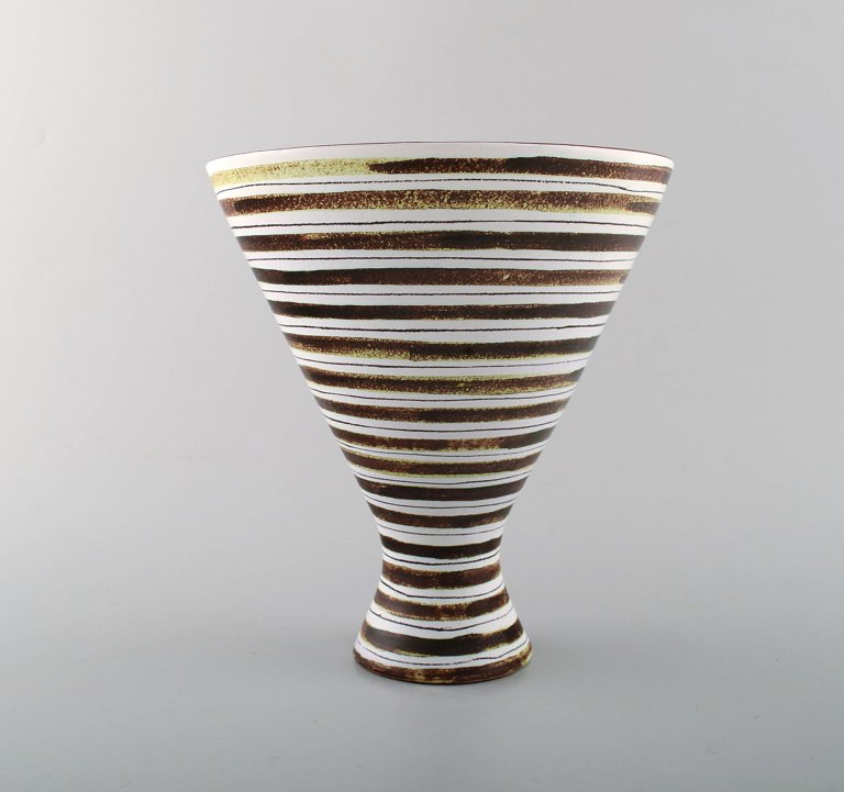 Gustavsberg, Sweden, hand painted faience vase with by Stig Lindberg, Swedish ceramist. Rare shape.