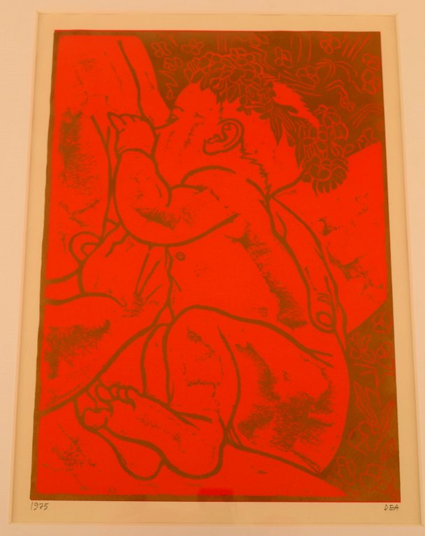 Dea Trier Mørch (b. 1941, d. 2001), Danish graphic artist. Linoleum cut in color in passe partout. Nursing child. Dated 1975.