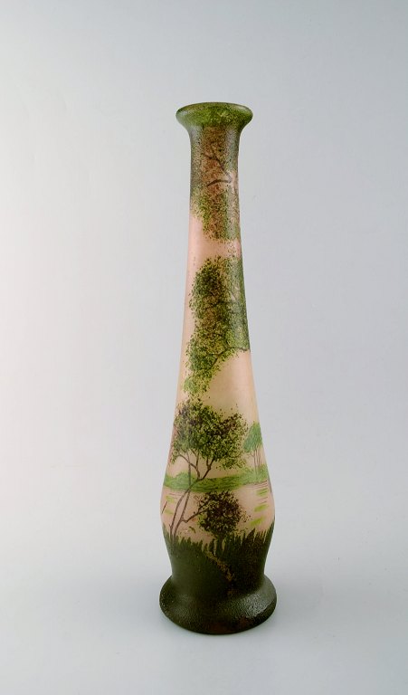 François-Théodore Legras (1839-1916). Art nouveau cameo vase with enamel decoration. Forest Landscape. Ca. 1900.