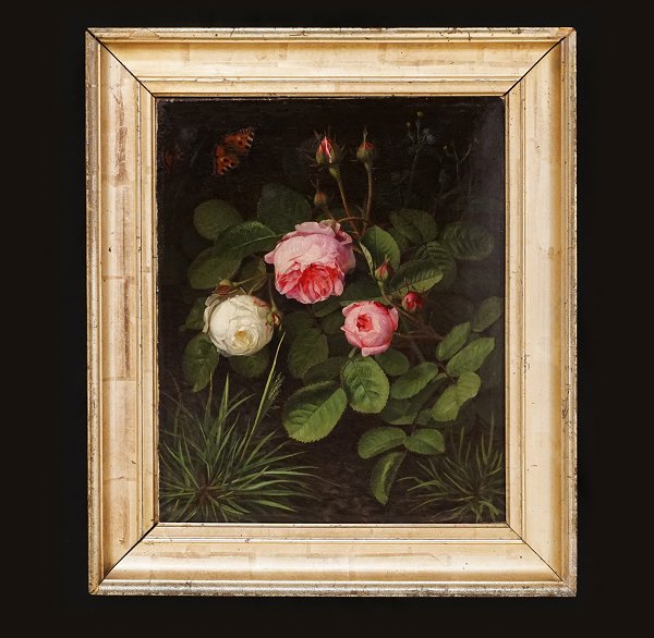 Otto Diedrich Ottesen, Dänemark, 1816-92: Stilleben mit Rosen und Schmetterling. Signiert und datiert 1877. Lichtmasse: 37x31cm. Mit Rahmen: 49x43cm