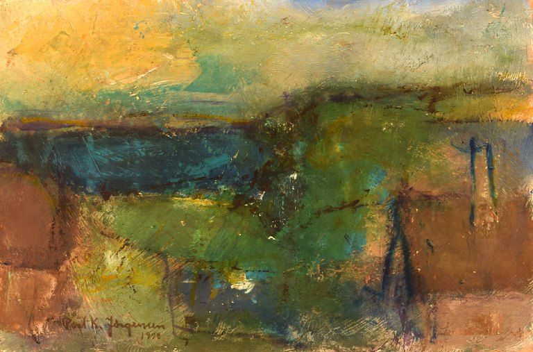 POUL K. JÖRGENSEN. Svensk kunstner. Olie på plade. Modernistisk landskab med hus i forgrunden. Dateret 1978.