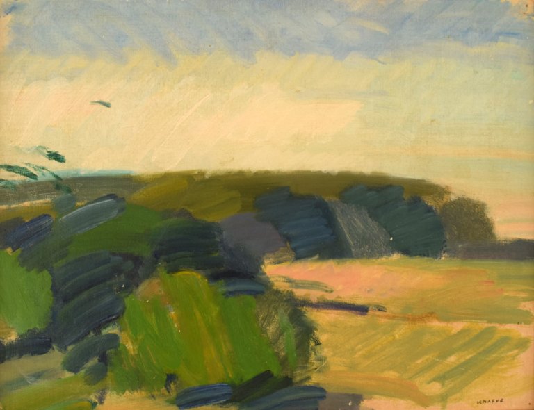 Nils Folke Knafve (1905-1996). Swedish painter. Oil on board. Modernist landscape. 1960