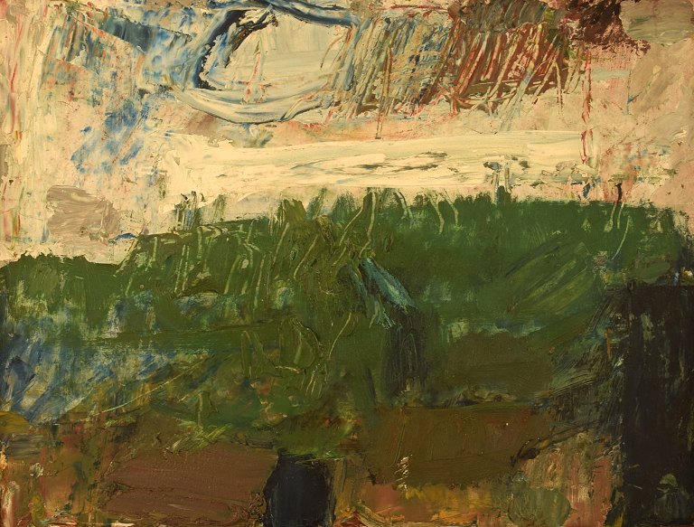 Lili Ege (1913-2004). Dansk kunstmaler. Olie på plade. "Gurostølen" Modernistisk landskab. Dateret 1970.