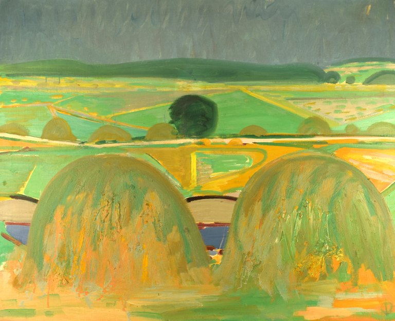 Hans Øllgaard (b. 1911, d. 1969). Oil on canvas. Modernist Danish summer landscape with haystacks. Dated 1968.