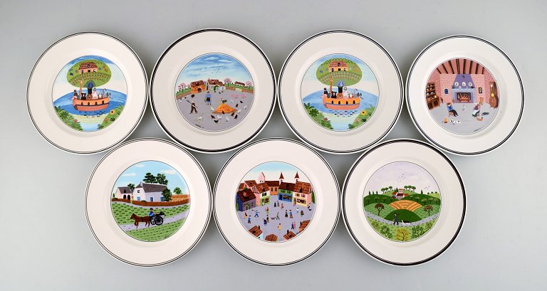 Villeroy & Boch Naif dinner service in porcelain. A set of seven lunch plates decorated with naivist motifs.