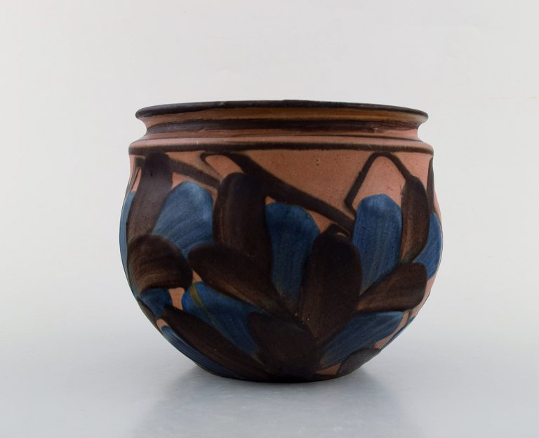 Kähler, Denmark. Vase in glazed ceramics. Blue flowers on light brown base. 1930 / 40