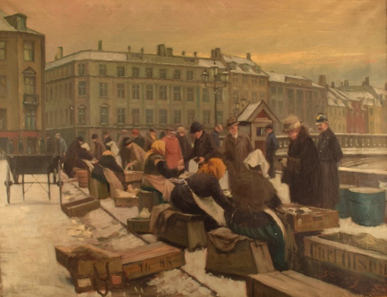 Søren Christian Bjulf (1890-1958). Oil on canvas. Winter atmosphere at Old Dock. Fish wives, police officer and postman. Ca. 1920.