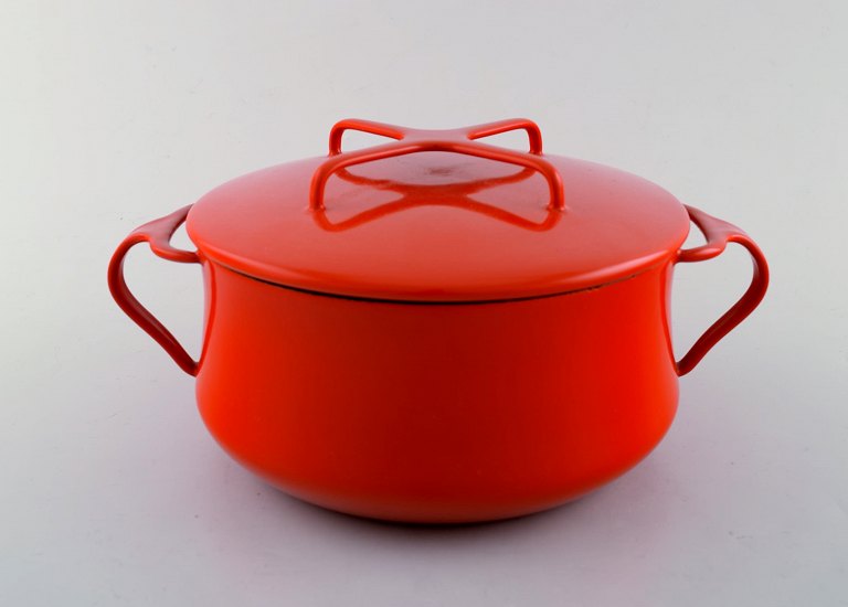 Jens H. Quistgaard: Red enamel pot with lid and white inside.Stamped Danish Designs Denmark, JHQ. 1960