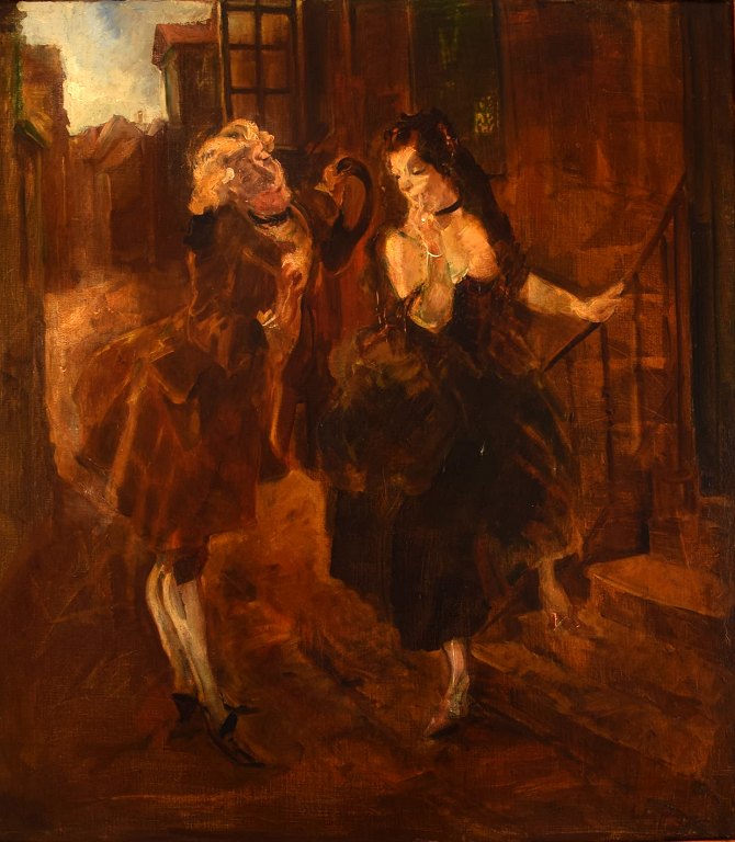 Ludvig Jacobsen f. Odense 1890, d. Vanløse 1957. Efter Ludvig Holberg scene. Olie på lærred. Bejler i rokoko klæder. 1930