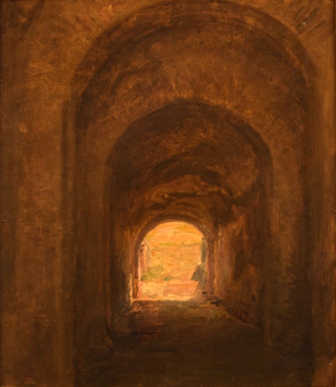 Viggo Johansen, b. Copenhagen 1851, d. 1935.Well listed danish artist.Entrance to the amphitheater, Pompeii.Oil on canvas.
