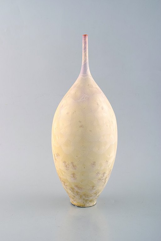 Isak Isaksson, Swedish potter. Large narrow necked unique vase in glazed 
ceramics. Beautiful crystal glaze. Own workshop, approx. 2010. High quality 
contemporary ceramics.
