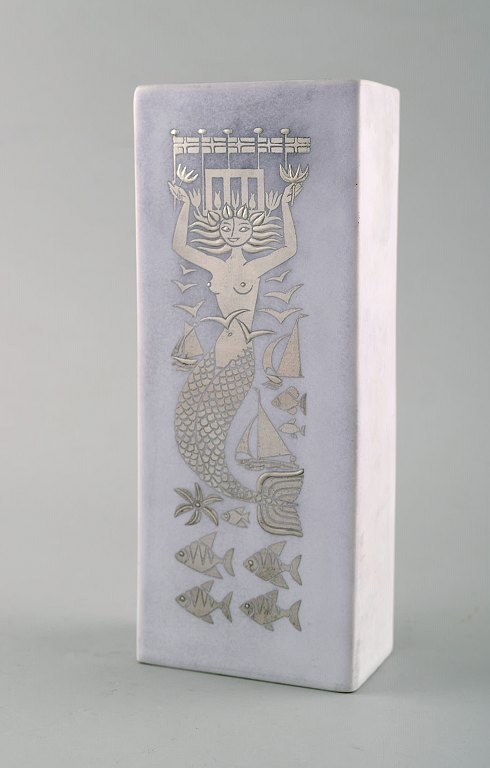 Stig Lindberg for Gustavsberg. "Grazia" vase in glazed stoneware with mermaid and fish in silver inlay. Mid 20th century.