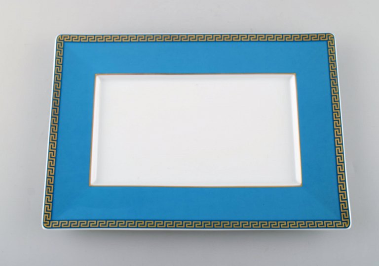 Gianni Versace for Rosenthal. "Arabesque" dish / tray in porcelain. Blue glaze and gold decoration. Late 20th century.