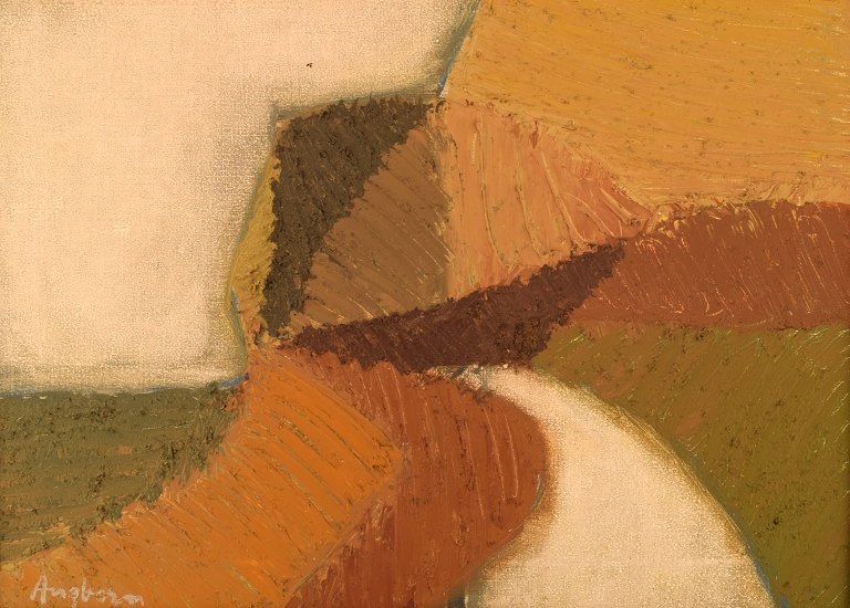 Sven Angborn (1925 -), Swedish artist. Oil on canvas. Modernist landscape. Ca. 1970.