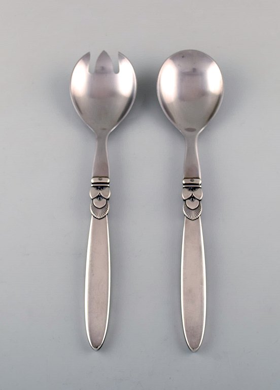 Stort Georg Jensen "Kaktus" salatsæt i sterlingsølv og rustfrit stål. 
