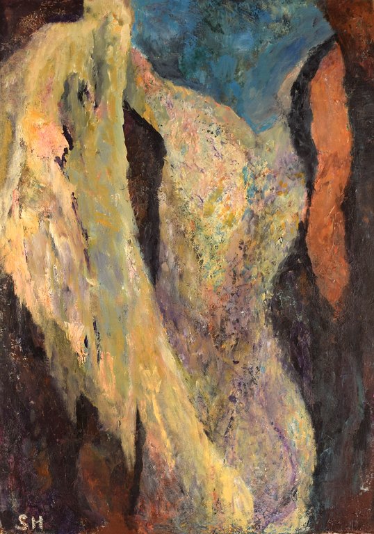 Sonja Henningsen, dansk kunstner. Olie på lærred. Abstrakt modernistisk komposition. 1970