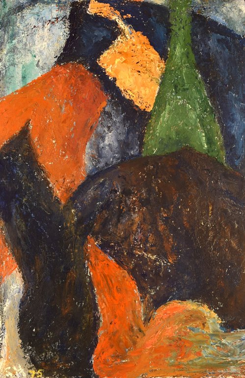 Sonja Henningsen, Danish artist. Oil on board. Abstract modernist composition. Dated 1975.