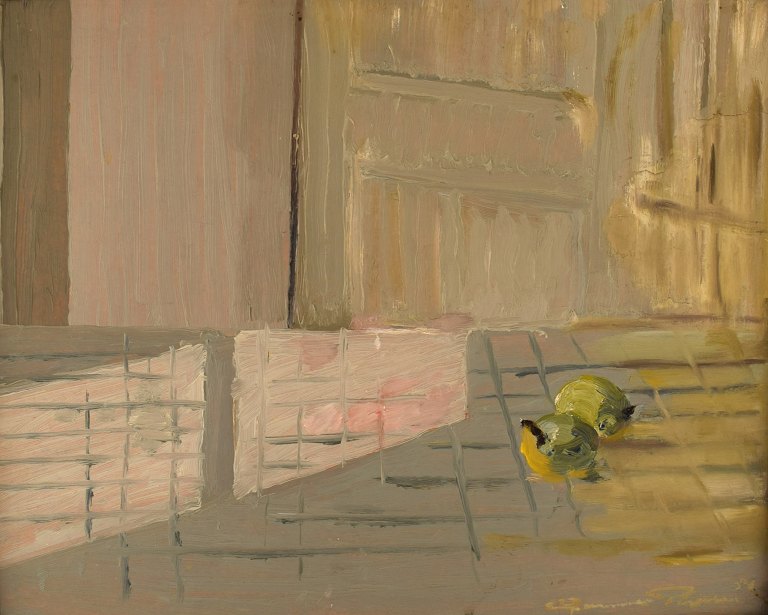 Gunnar Persson (1908-1975), svensk kunstner. Olie på plade. Modernistisk stilleben med pærer. Dateret 1954.