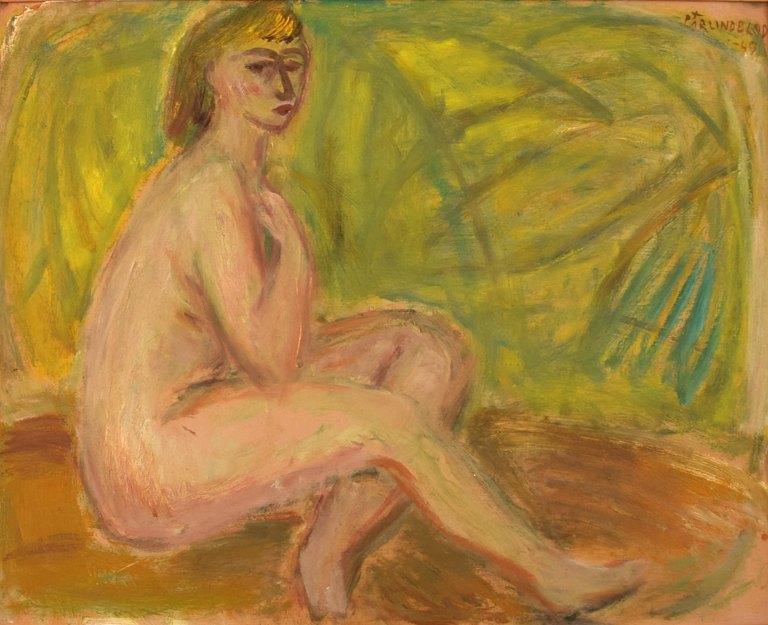 Pär Lindblad (b. 1907, d. 1981), Swedish artist. Oil on board. "Modell". Nude study. Dated 1949.