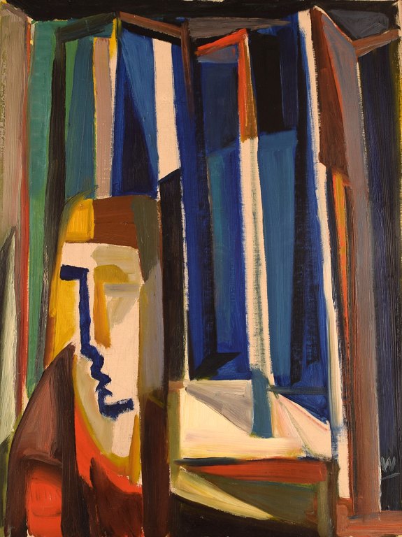 Ubekendt skandinavisk kunstner. Olie på lærred. Abstrakt komposition med ansigt. 1960