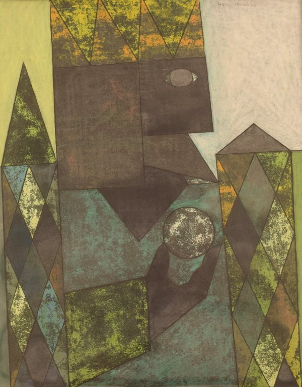 Hans Osswald (1919-1983), svensk kunstner. Olie på plade. Modernistisk komposition. Midt 1900-tallet. 