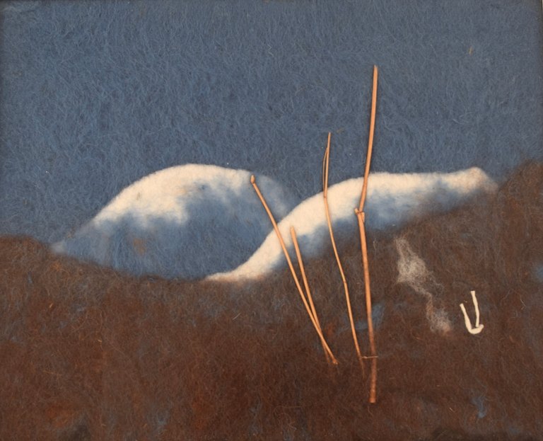 Lisa Johansson, Swedish artist. Wool on board. Modernist mountain landscape. Late 20th century.