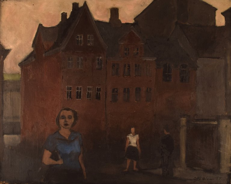 Otto Olsen (1905-1966), Danish painter. Oil on canvas. Modernist urban motif from Magstræde, Copenhagen with young woman and couple. Dated 1957.