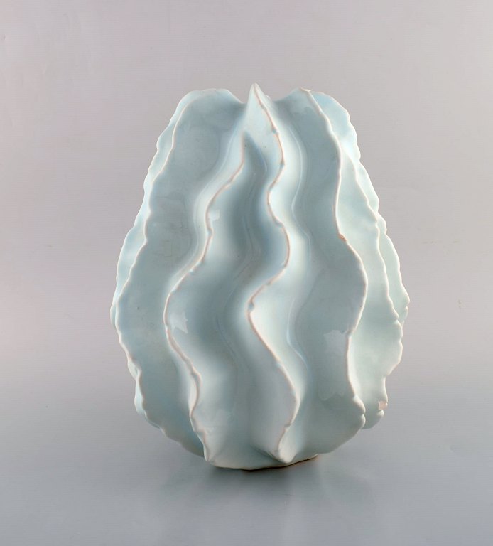 Scandinavian ceramist. Coral shaped vase in glazed ceramics. Beautiful light turquoise glaze. Late 20th century.