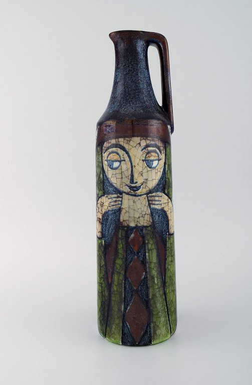 Michael Andersen, Denmark. Large jug in glazed ceramics with young girl. Beautiful crackled glaze. 1950s.
