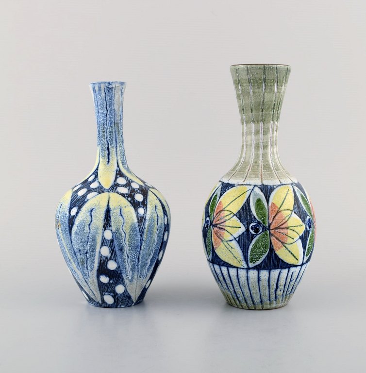 Tilgmans, Sweden. Two vases in glazed ceramics with hand painted  flowers. 1960s.