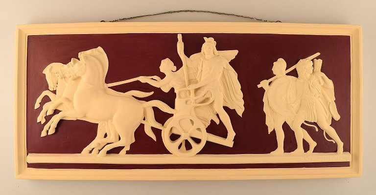 Colossal plaster wall plaque with motif by Thorvaldsen. Chariot with four horses in front. 1930 / 40s.