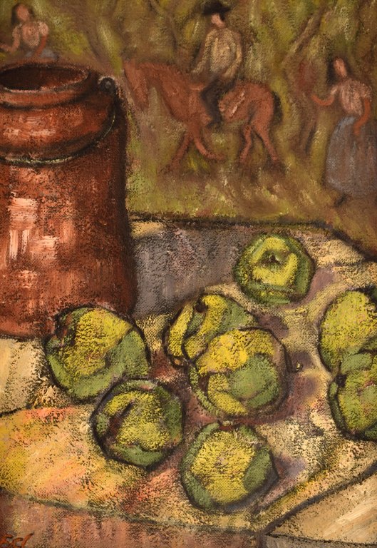 Folke Ed (1900-1982), Sweden. Oil on board. Still life with fruits and people in the background. 1960