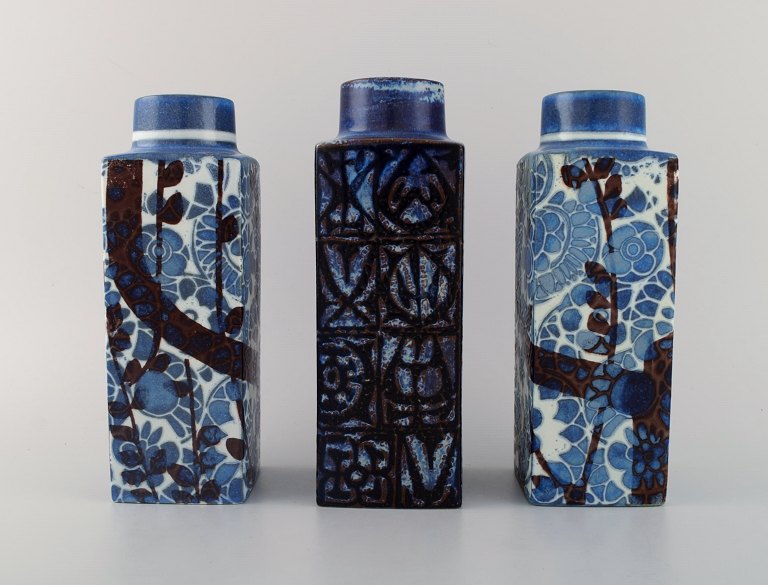 Nils Thorsson and Johanne Gerber for Aluminia, Royal Copenhagen.Three Baca vases with patterned glaze in shades of green, blue and brown. 1960