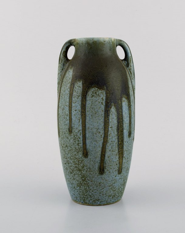 Denbac, France. Vase with handles in glazed ceramic. Beautiful running glaze in shades of blue and green. 1940