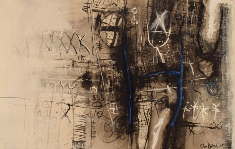 Eke Bjerén (1943-1999), Sverige. Olie på lærred. Abstrakt komposition. "Nattens viol". Dateret 1965.