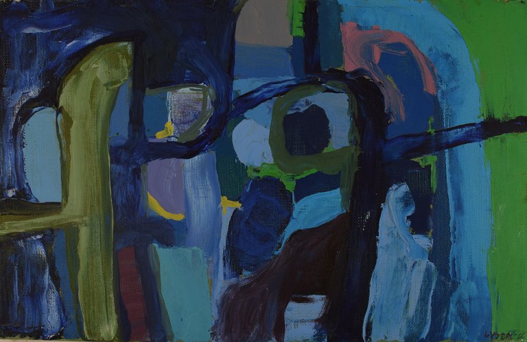 Ivy Lysdal, b 1937. Danish ceramist and painter. Oil on canvas. Abstract modernist painting. Colorful palette. Dated 1966.
