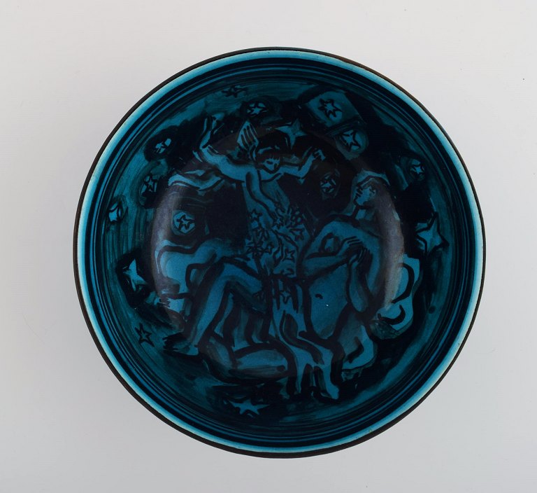 Jais Nielsen for Royal Copenhagen. Unika skål i glaseret keramik med håndmalede scener fra det gamle testamente. Dateret 1950. 
