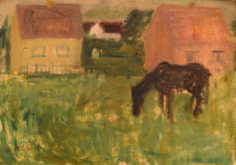 Lili Ege (1913-2004). Danish painter. Oil on canvas. Modernist landscape. 1950s.