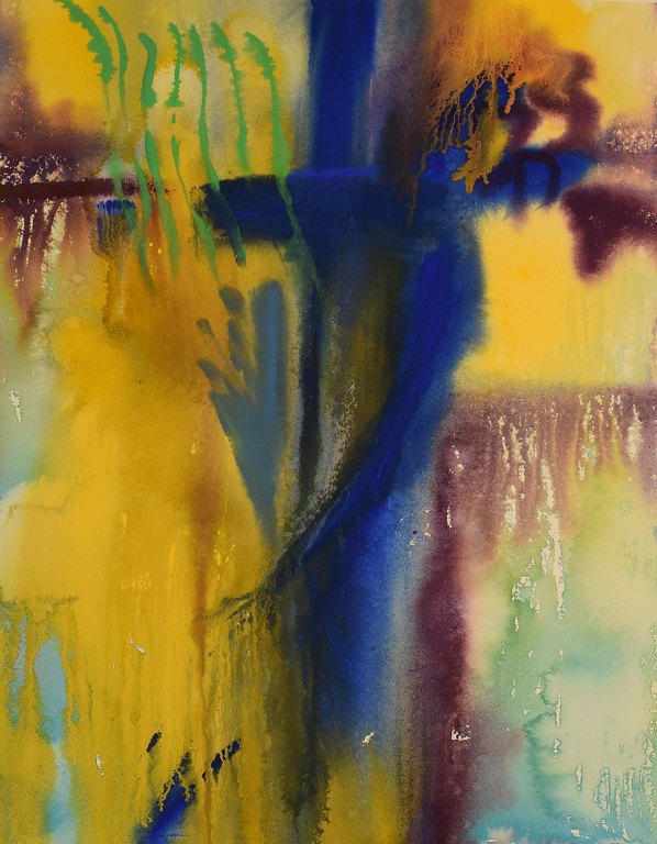 Ivy Lysdal, b 1937. Danish ceramist and painter. Gouache on paper. Abstract modernist painting. Colorful palette. Dated 1996.