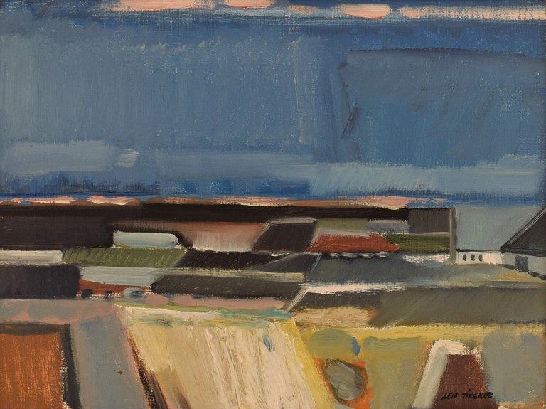 Leif Tingkær, Danmark. Olie på lærred. Modernistisk landskab. Vestkysten. 1970