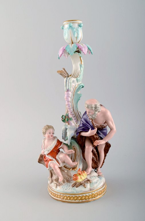 Antique Meissen Winter candlestick in hand-painted porcelain. 19th century.