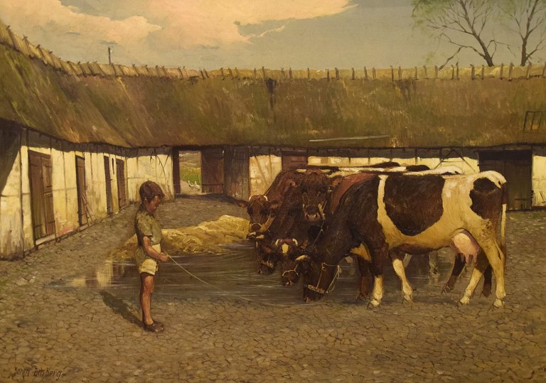 Søren Edsberg (b. 1945), Denmark. Oil on canvas. Farm landscape with boy and cows. Late 20th century.
