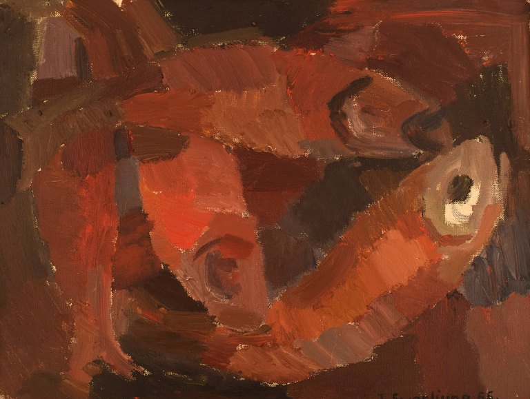 Joyce Swanljung (1910-1977), Sweden. Oil on canvas. Abstract painting with fish. Dated 1966.